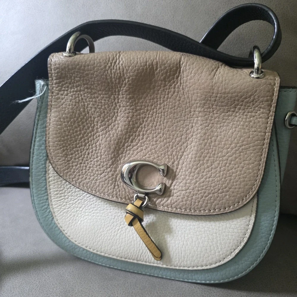 Coach Remi Saddle Bag in Colorblock Taupe Multi featuring refined pebble